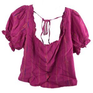 Free People Pink Puff Sleeve Cotton Blouse | Size L